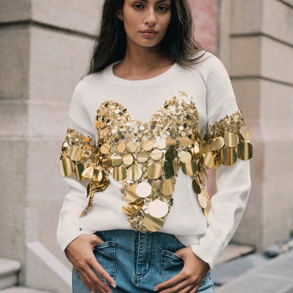 Sequin Patchwork Women's Casual Dropped Shoulder Long Sleeve Sweater - Picture 1 of 7